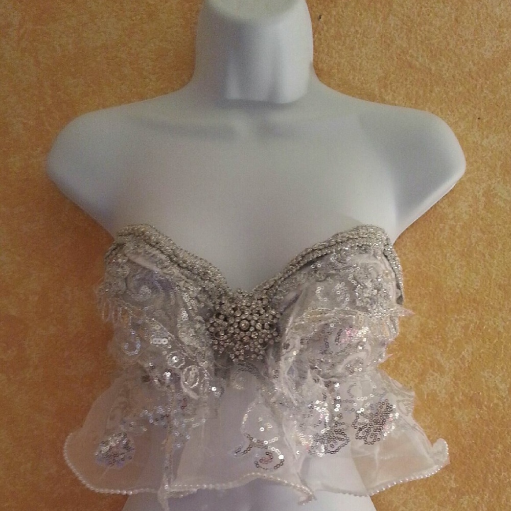 Silver Sequin Organza Crystal Babydoll Crop Top - Picture 1 of 6